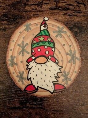 Hand Crafted Christmas Ornament Gnome Wood Slice Hand Painted